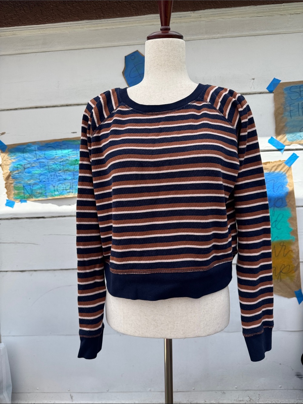 Madewell Navy, Brown & Cream Striped Crew Neck Sweater